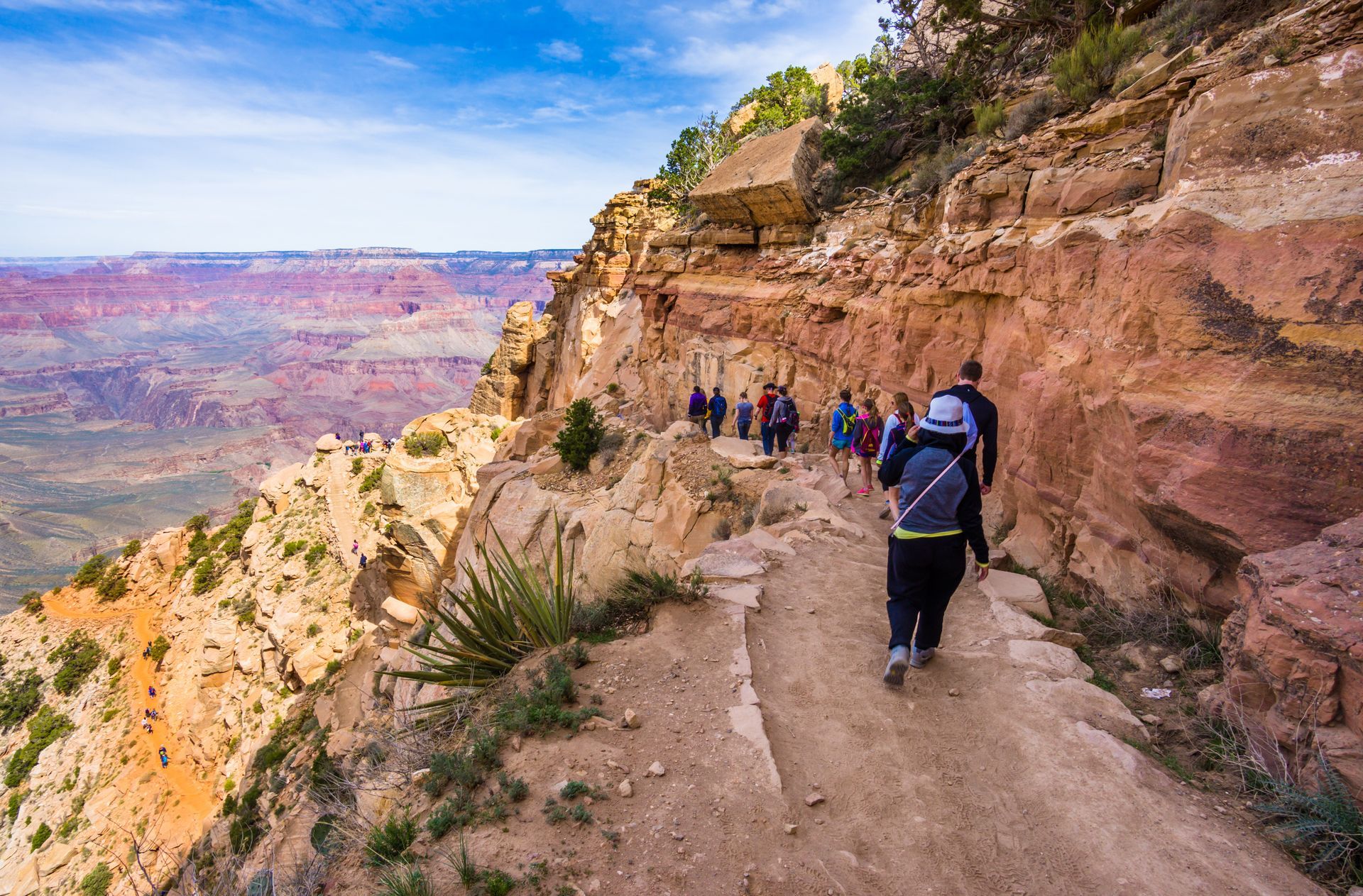 A group of people are walking down a trail on a mountain.