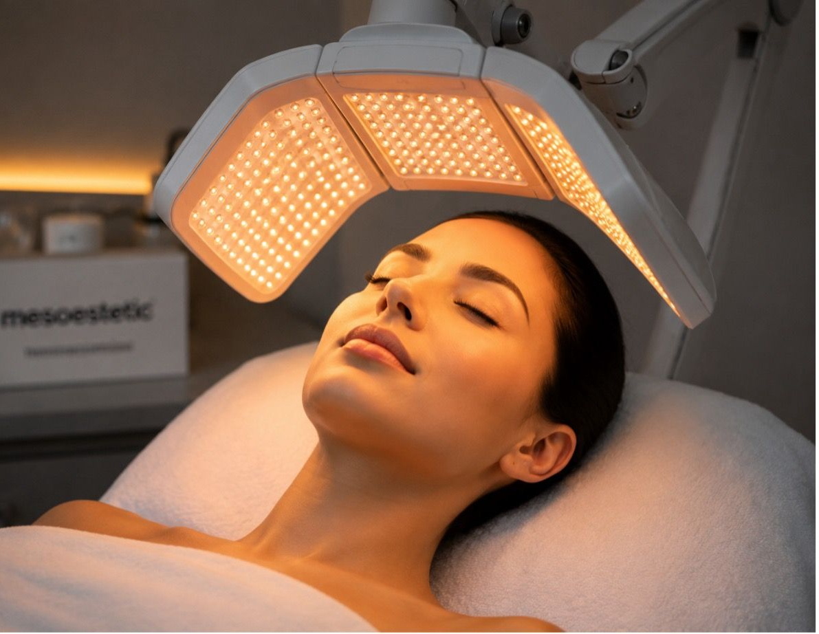 Person Wearing Dark Eye Protection Under a Red Light Therapy Device — A9 Skin and Hair Clinic In Westmead, NSW