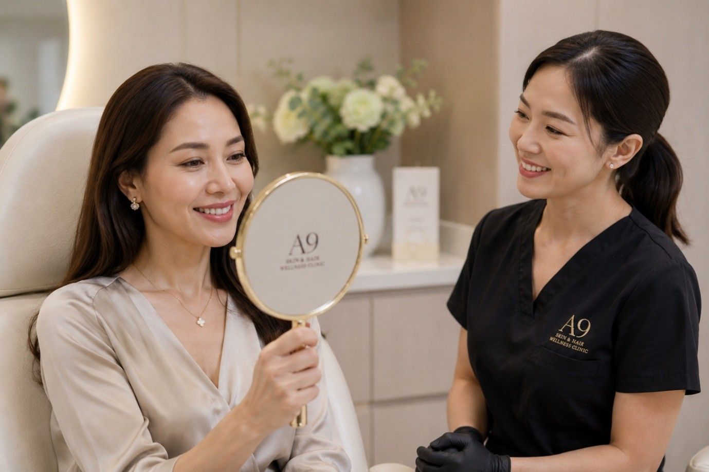 Two Women Smiling in a SPA, One Holding a Hand Mirror — A9 Skin and Hair Clinic In Westmead, NSW