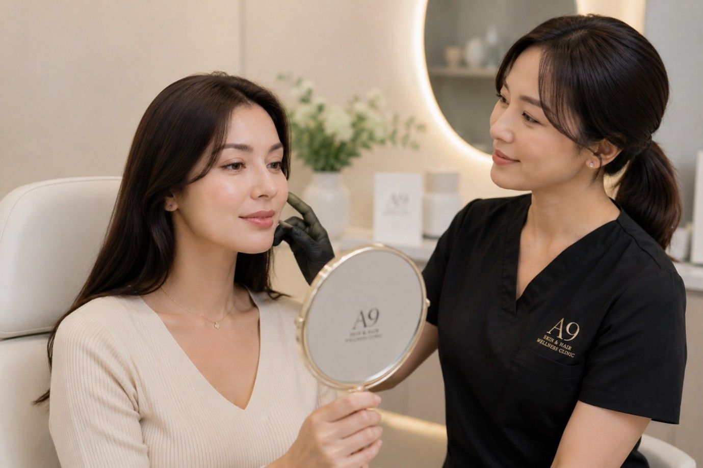 Woman Holding a Mirror While Talking With a Stylist in a Softly Lit Salon — A9 Skin and Hair Clinic In Westmead, NSW
