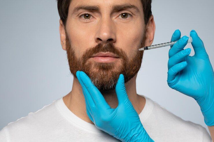 Hands in Blue Gloves Inject a Bearded MAN's Cheek — A9 Skin and Hair Clinic In Westmead, NSW