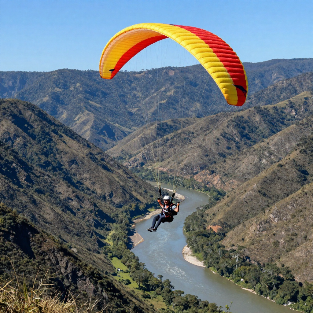 Parapente con vela roja y amarilla sobrevolando un río serpenteante a través de montañas escarpadas.