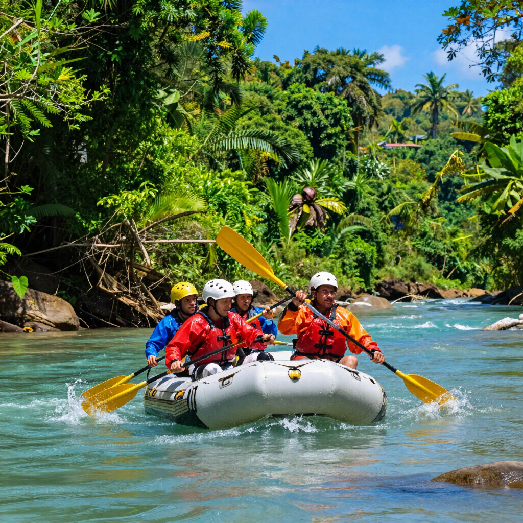Paseo en balsa en grupo en una lancha inflable blanca por un río tropical, rodeado de frondosos árboles verdes.
