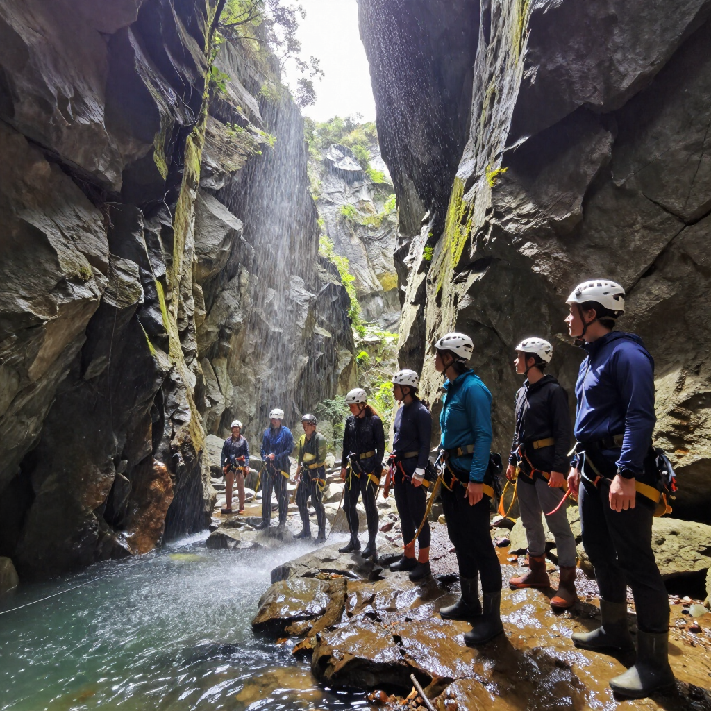Unos excursionistas con casco permanecen de pie sobre rocas mojadas en un estrecho cañón junto a un arroyo.