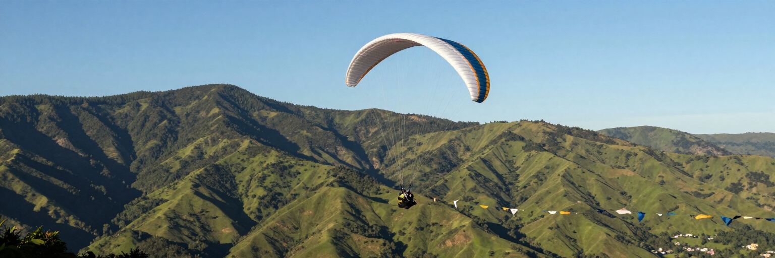Un parapente sobrevuela las verdes crestas de las montañas bajo un cielo despejado.