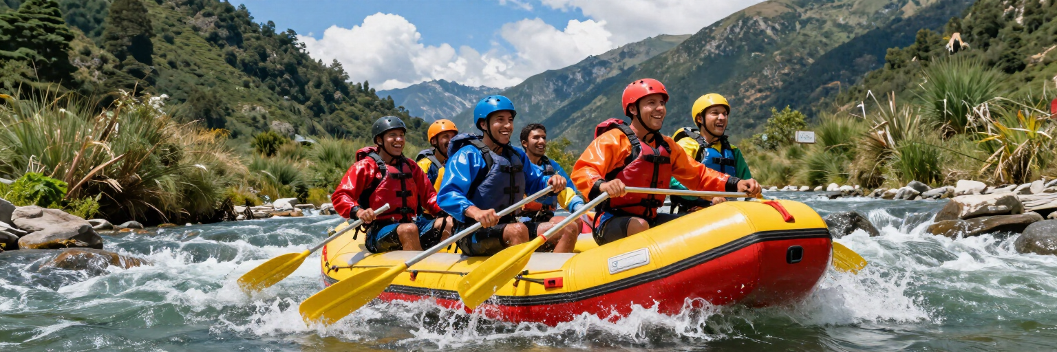 Un equipo de rafting rema en una balsa amarilla a través de los rápidos de un río de montaña bajo un cielo azul.