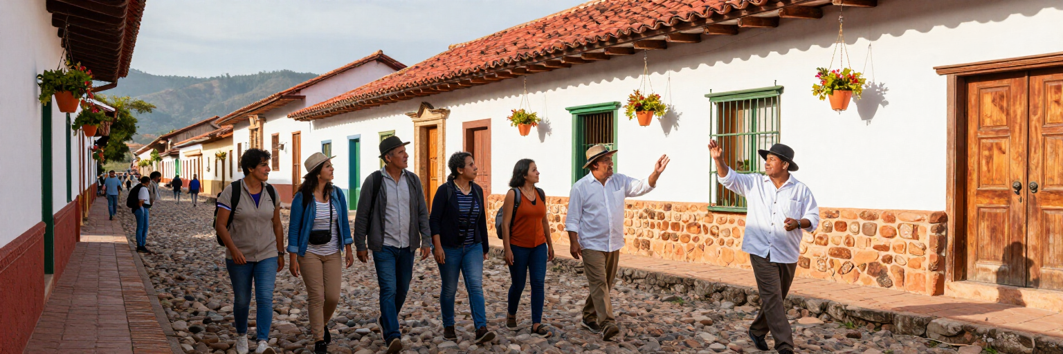 Gente caminando por una calle empedrada entre casas blancas con tejados de tejas rojas en un pueblo soleado.