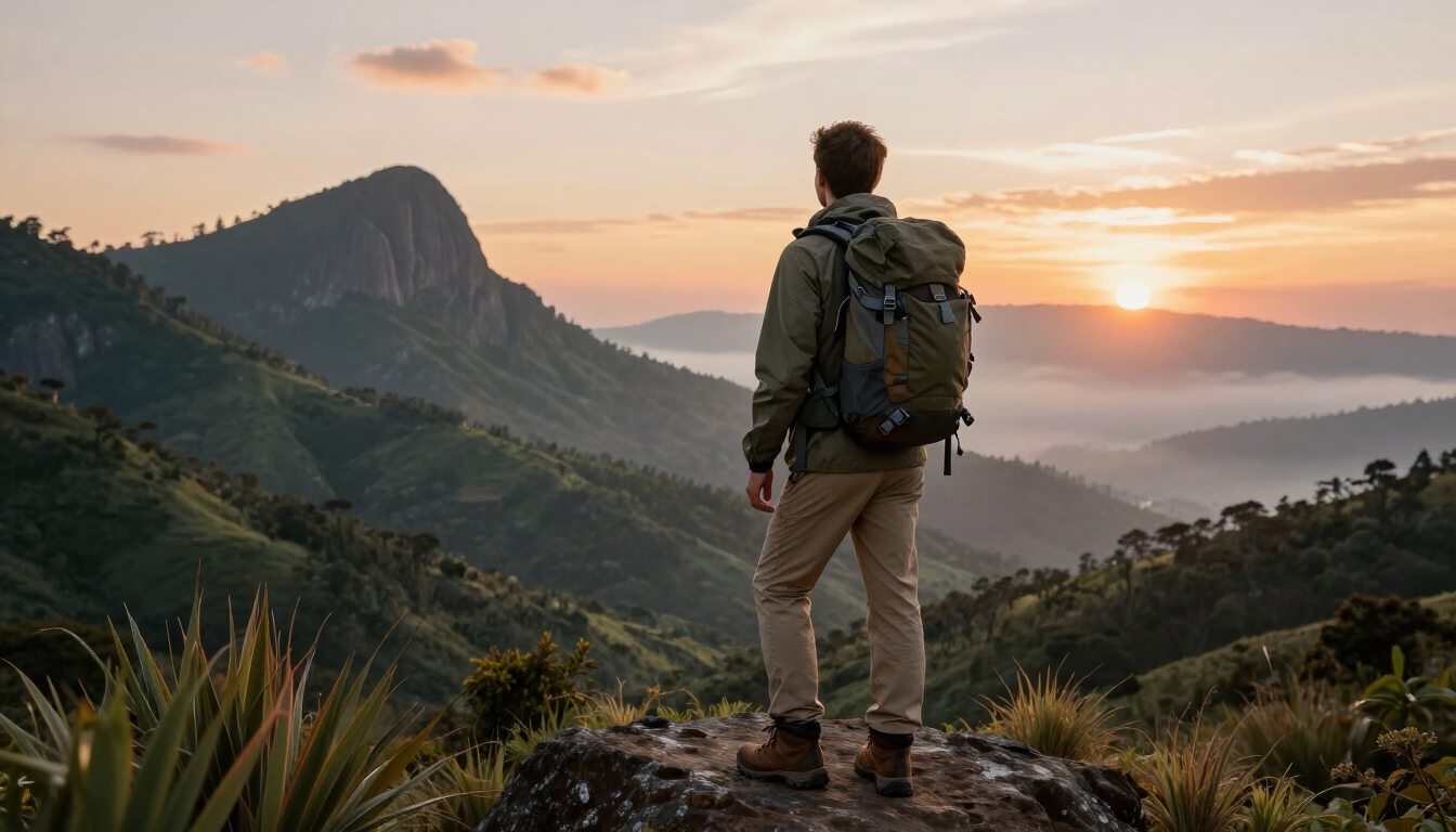 Un excursionista con mochila se encuentra en un mirador de montaña al amanecer.