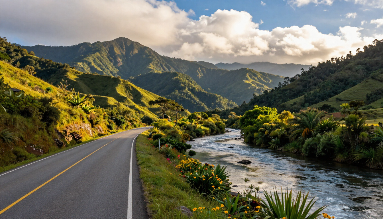 Carretera de montaña junto a un río en un valle exuberante bajo cielos nublados.