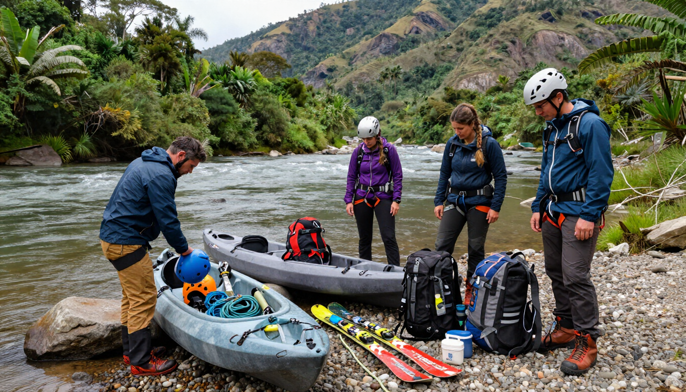 Cuatro kayakistas se encuentran junto a dos kayaks en la orilla rocosa de un río en un valle de montaña verde.