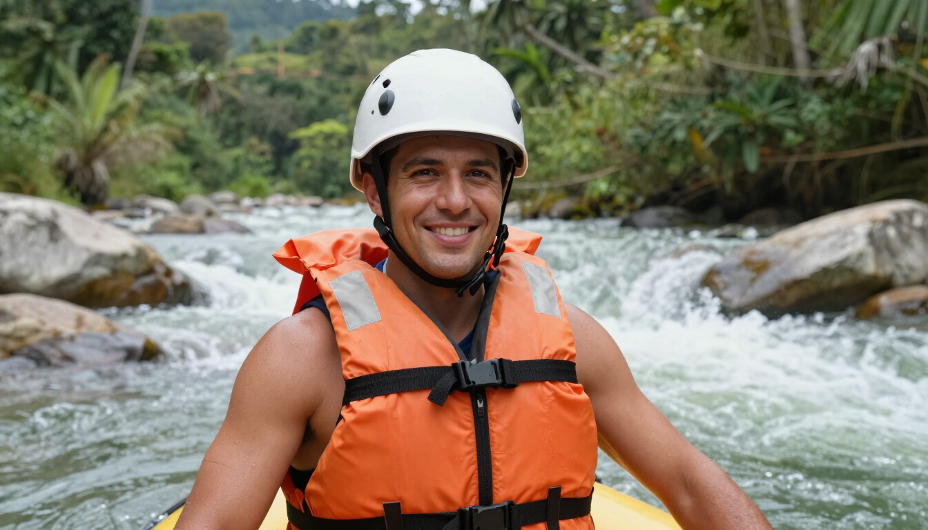 Un balsero sonriente con casco blanco y chaleco salvavidas naranja en un río con rocas y rápidos.