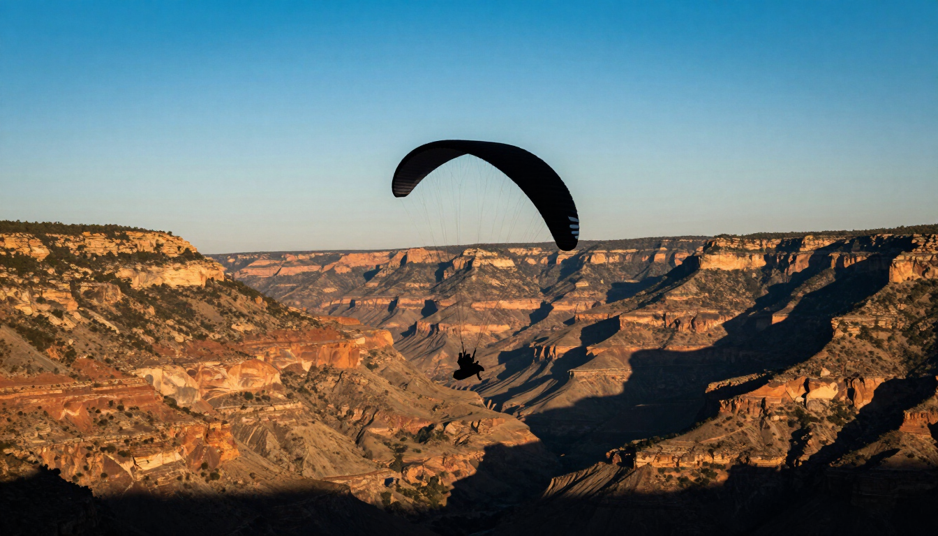 Parapente sobrevolando un cañón bañado por el sol al atardecer