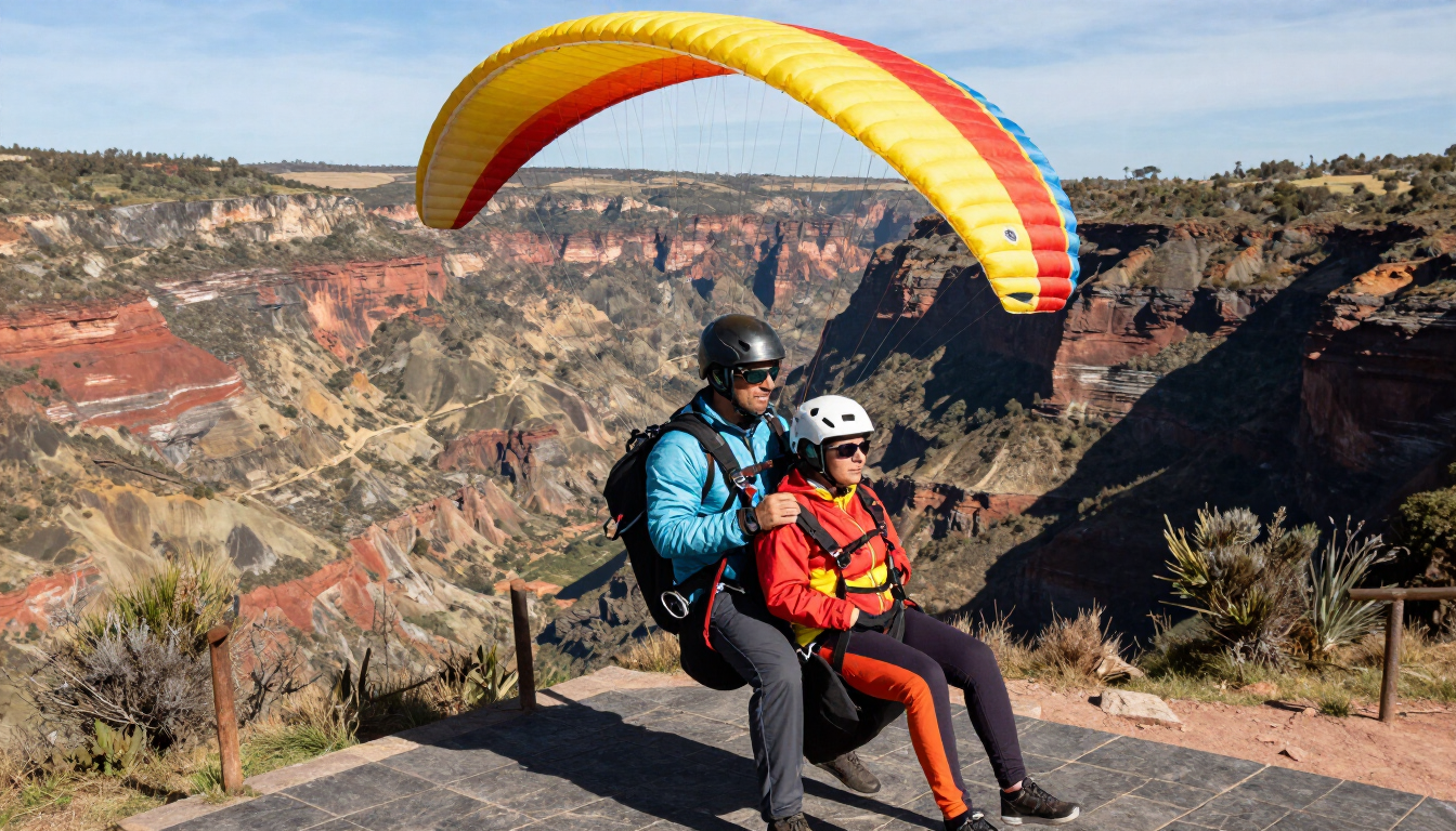 Dos parapentistas con casco están sentados en una plataforma de lanzamiento, listos para despegar sobre un cañón.