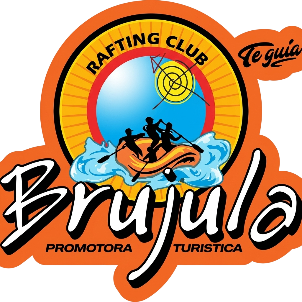 Logotipo del club de rafting Brujula con piragüistas sobre aguas azules, un sol naranja y el texto «Promotora Turistica»
