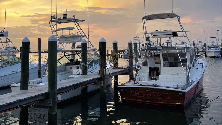 Several boats are docked at a marina during a golden sunset, with a person standing on the deck of one boat.