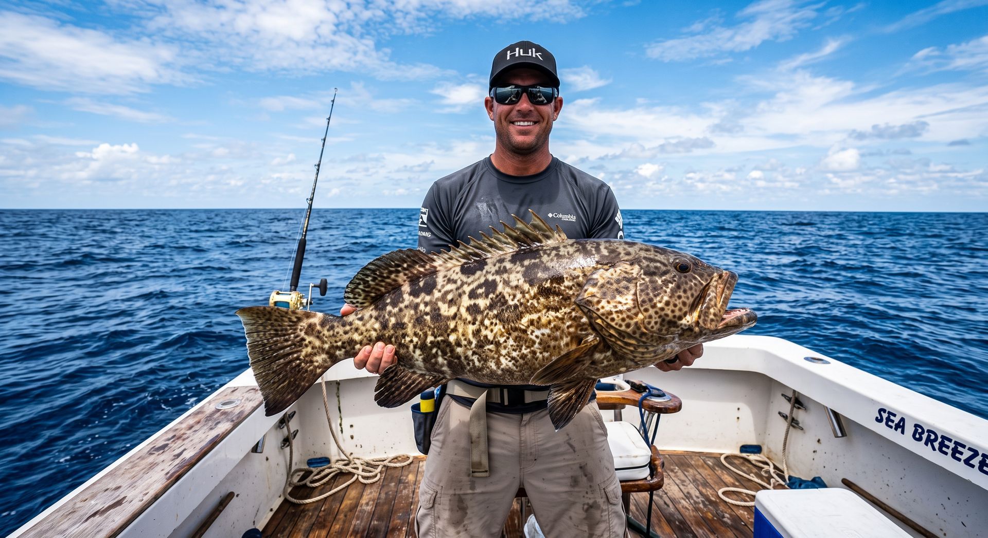 Man holding a large mottled fish on a boat in open ocean under a blue sky