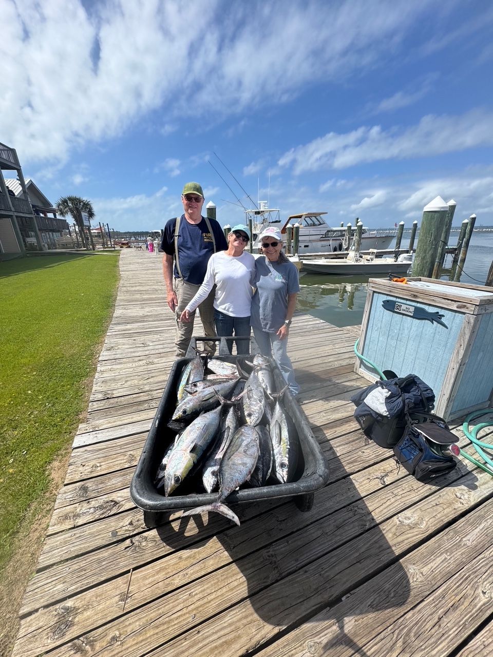 Three people beside a cart full of large fish on a sunny dock by the water