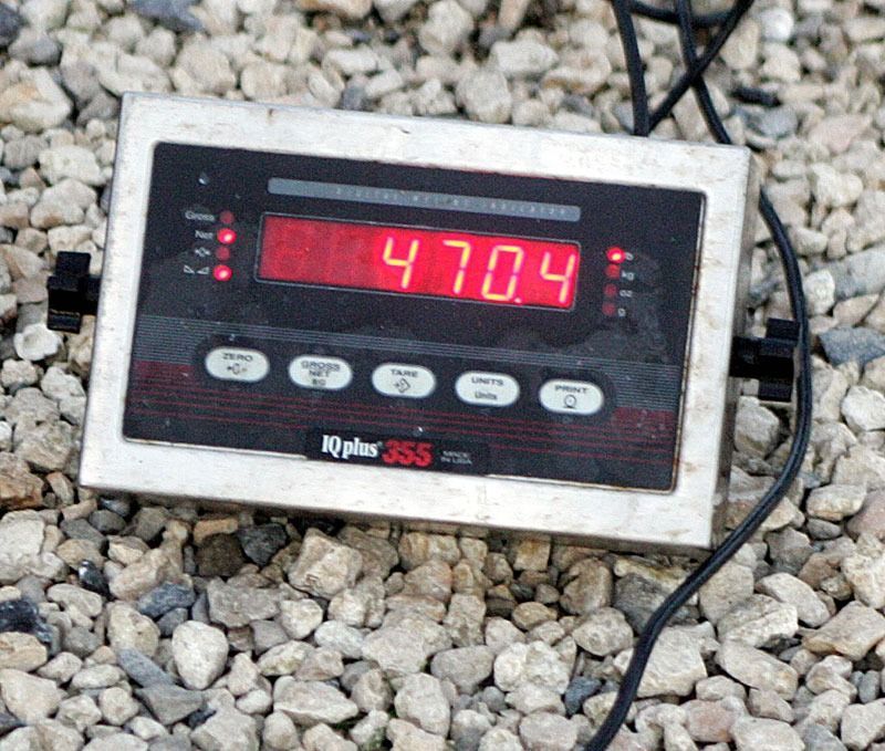 A digital scale display resting on gravel shows a bright red reading of 470.4.