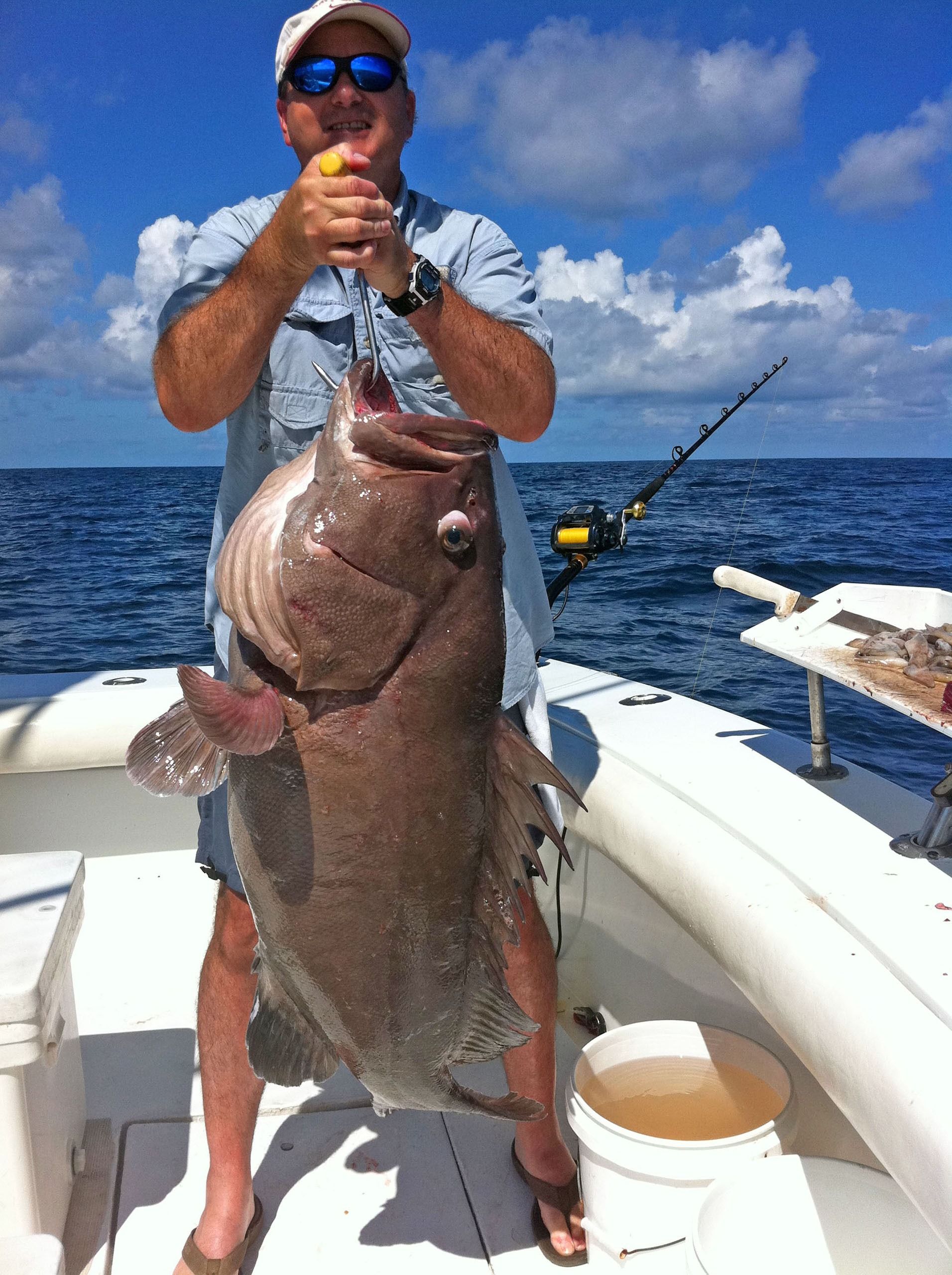 A person on a boat holds up a large, dark-colored grouper fish they caught against a blue ocean and sky background.