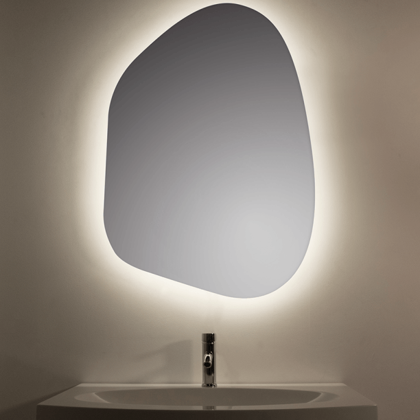 Oval mirror with illuminated border above a sink and faucet.