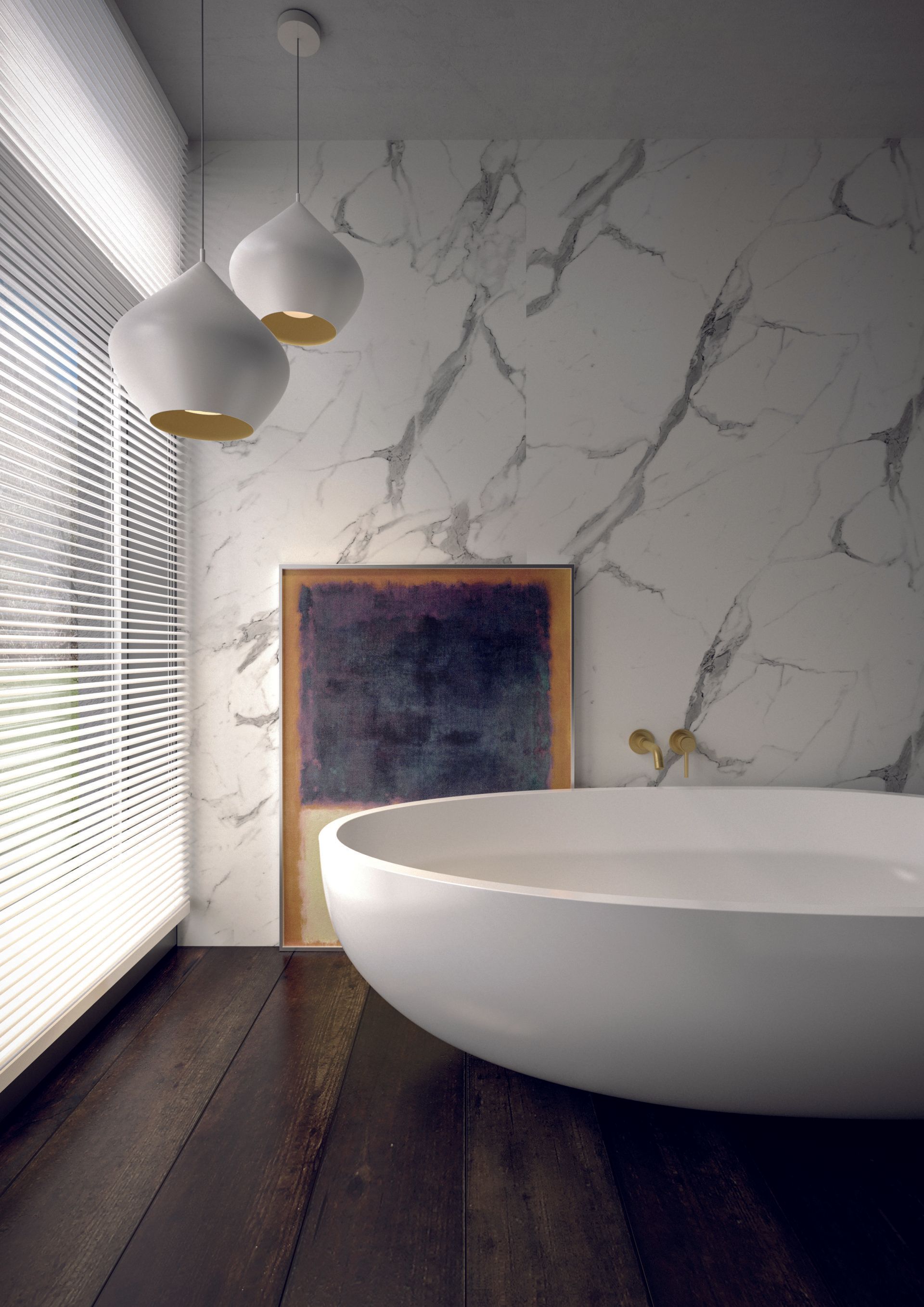 Modern bathroom with marble wall, white tub, dark wood floor, pendant lights, and window with blinds.