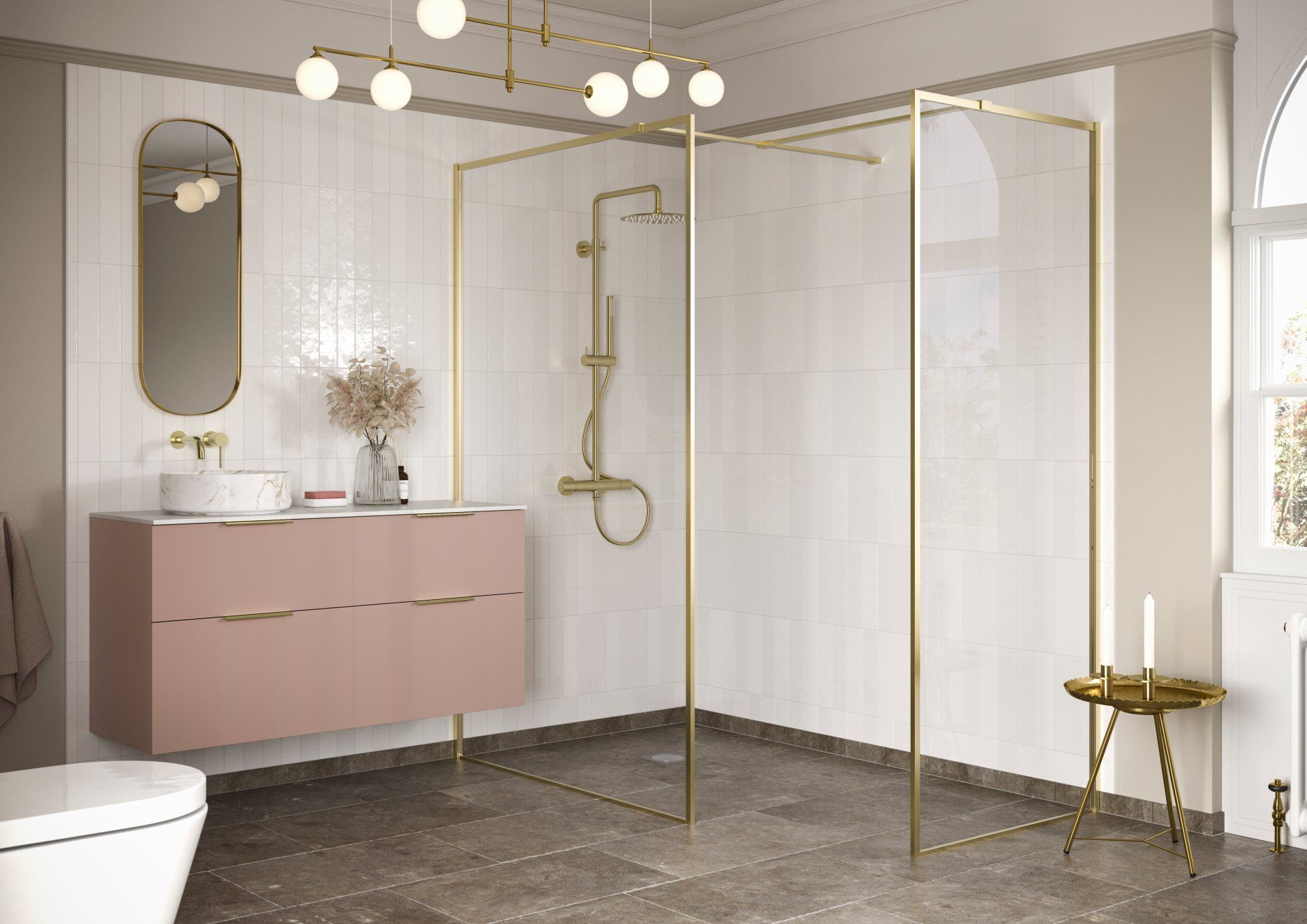 Modern bathroom with a pink vanity, gold shower enclosure, white tiles, and round lights.