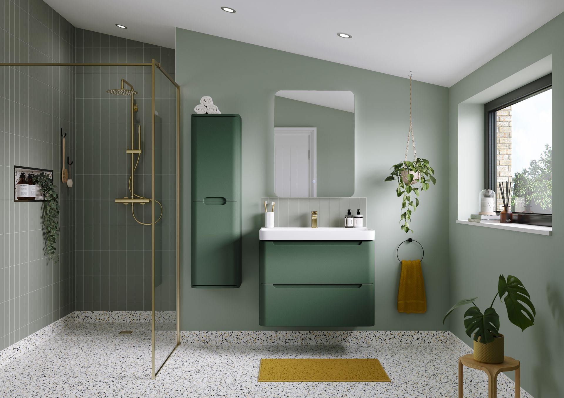 Green bathroom with shower, vanity, and cabinet; gold fixtures; plants, window.