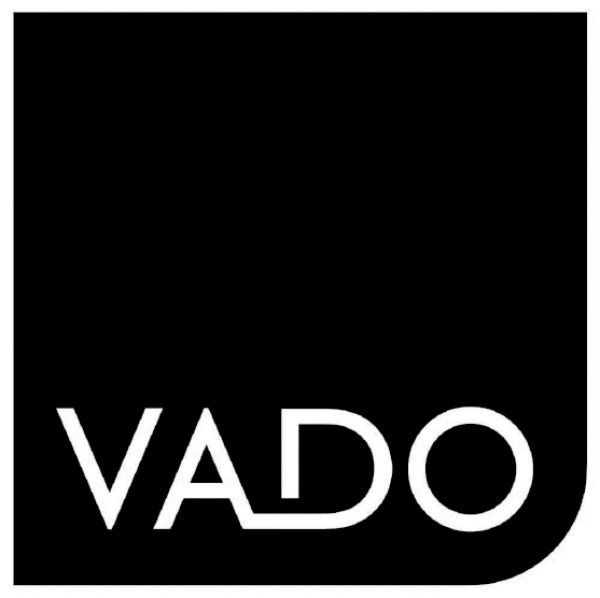 Black logo with white “VADO” text and a rounded bottom-right corner