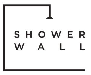 Black minimalist logo with the words “SHOWER WALL” inside a square outline and showerhead icon