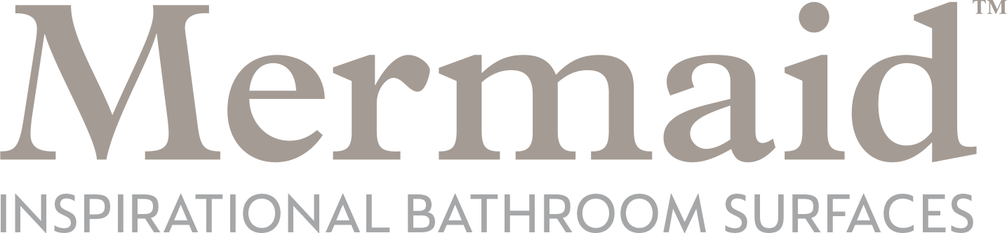 Logo for Mermaid bathroom surfaces, with the brand name in gray and the tagline below.