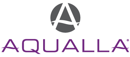 Aqualla logo: gray circle with a stylized white