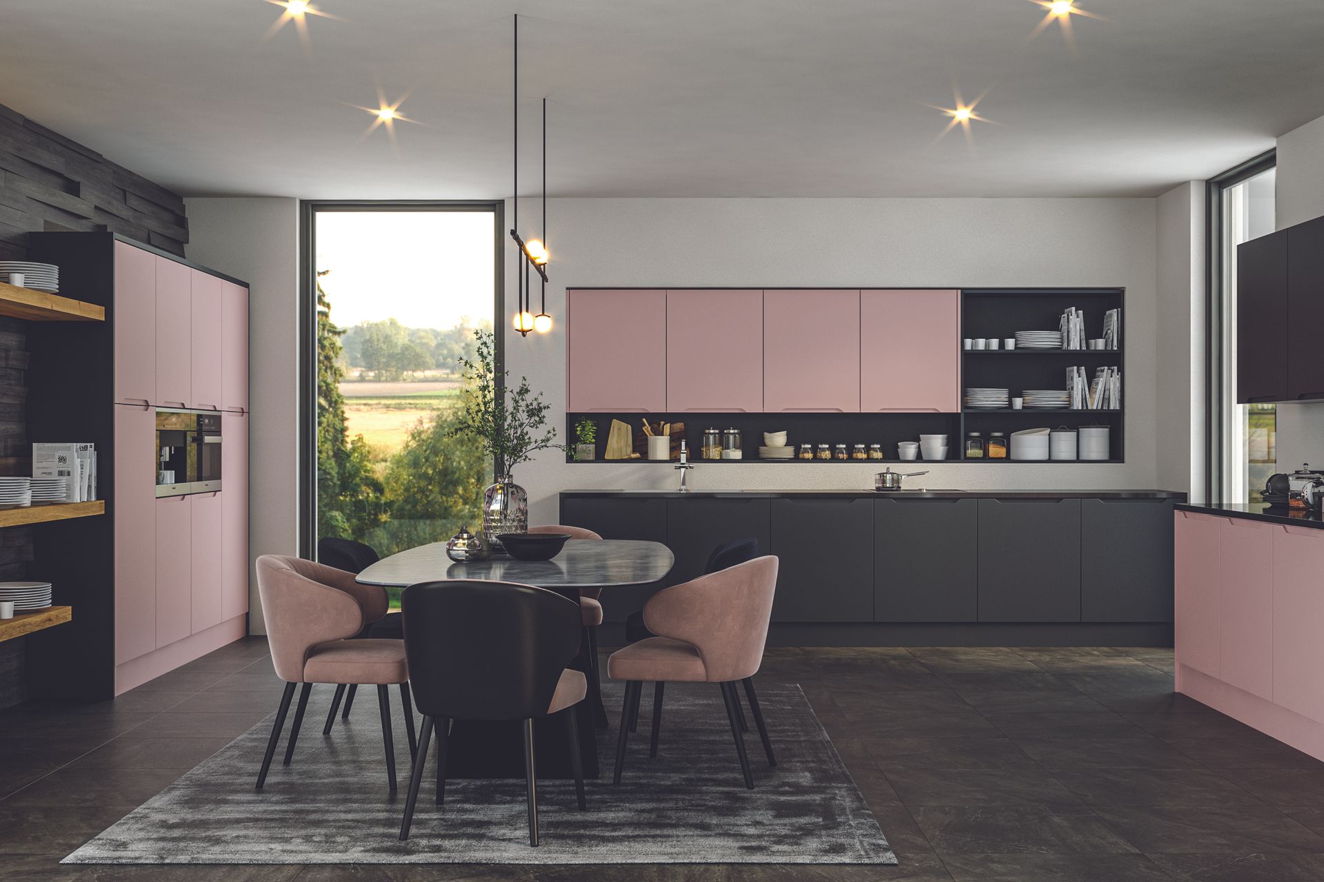 Modern kitchen with pink and gray cabinets, oval dining table, and plush chairs. Large window provides natural light.