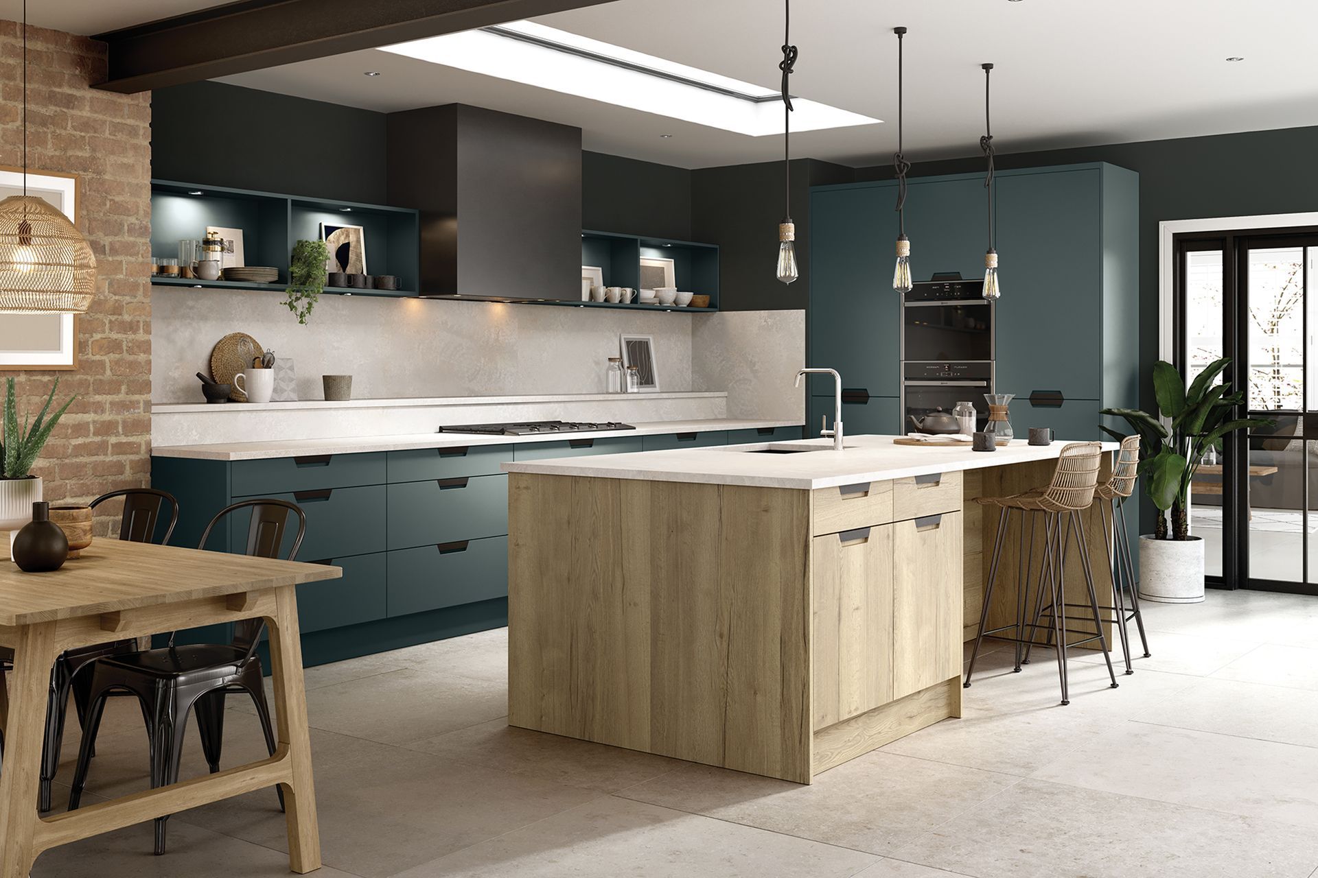 Modern kitchen with teal cabinets, light wood island, brick wall, and skylight. Kitchen fitter Bristol