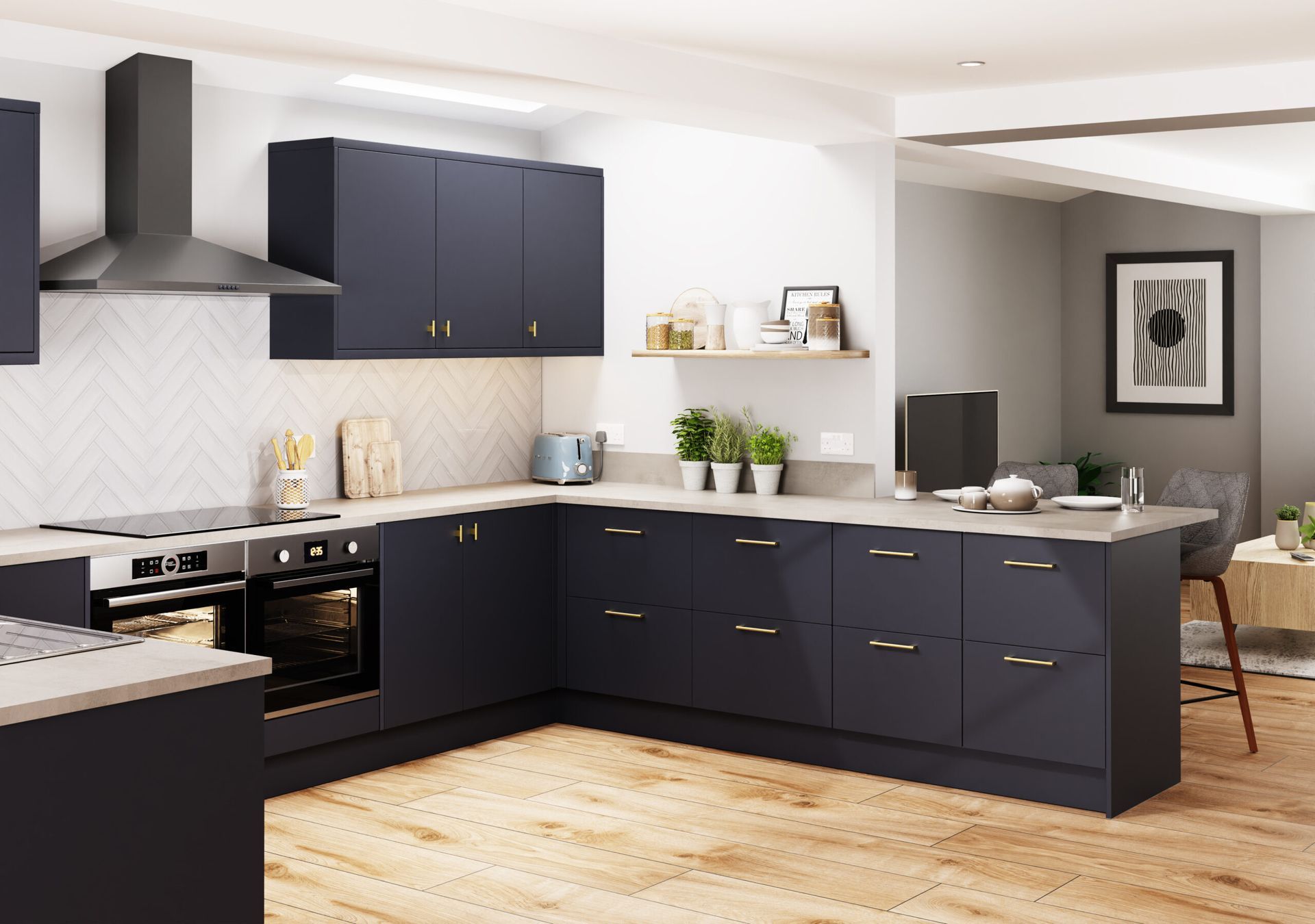 Modern navy blue kitchen with light countertops and wood floors.