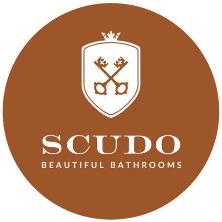 Logo for Scudo Beautiful Bathrooms: shield with crossed keys, crown, and text on a brown circle.
