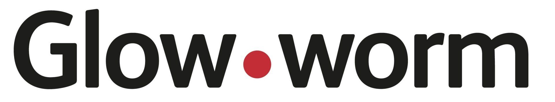 Glow-worm logo with black text and a red dot between 