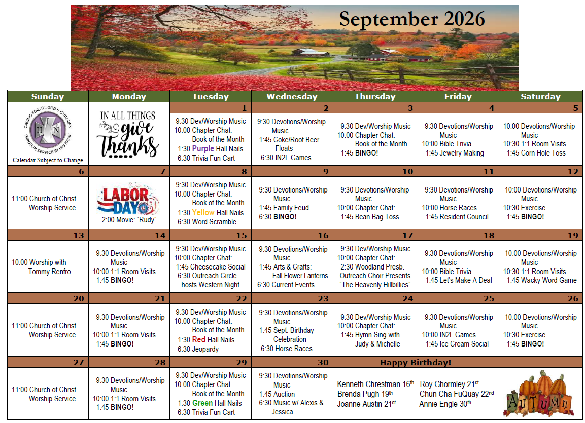 Activity Calendar KDS Bartlett