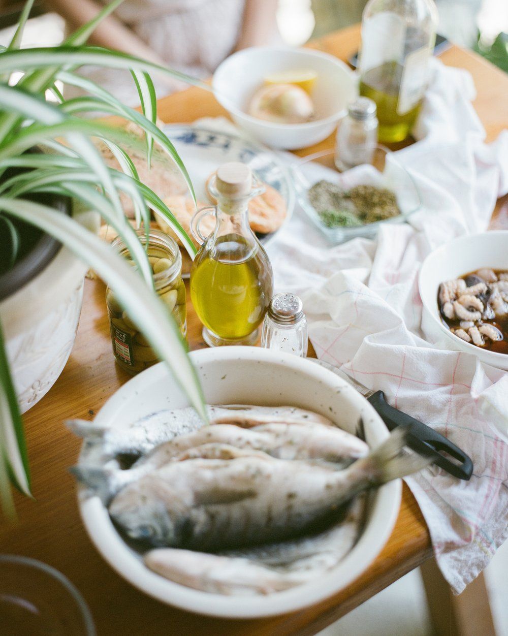 A bowl of fish is sitting on a table next to a plant.