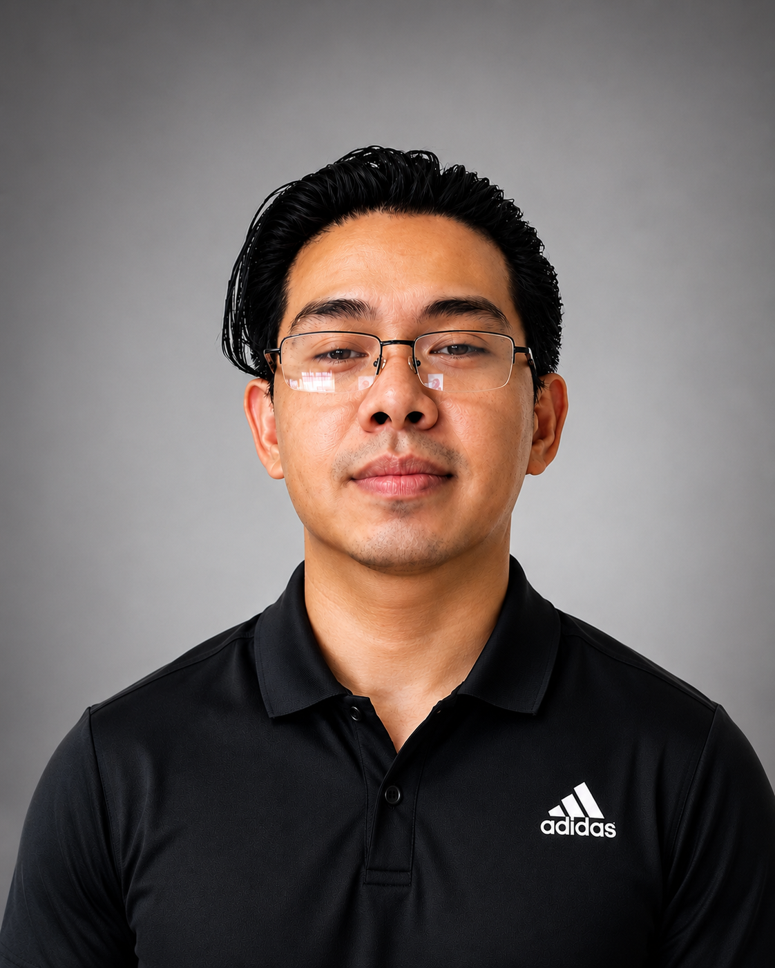 A man wearing glasses and a black shirt is standing in front of a tiled wall.