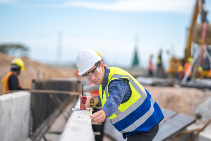 “Construction worker inspecting the form line and slab edge during site preparation for a concrete contractor in Oro Valley, AZ”