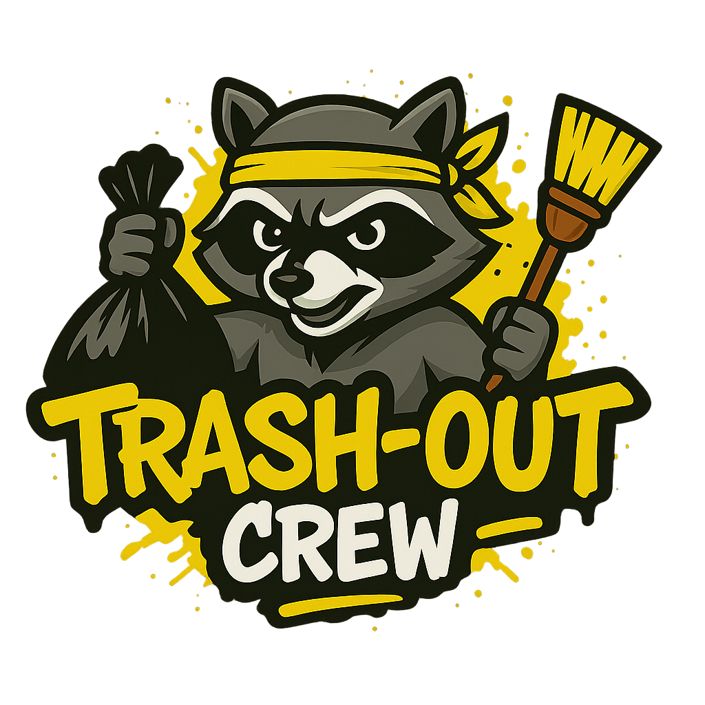 Raccoon with a trash bag and broom, the words 