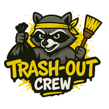 Raccoon with a trash bag and broom, the words 