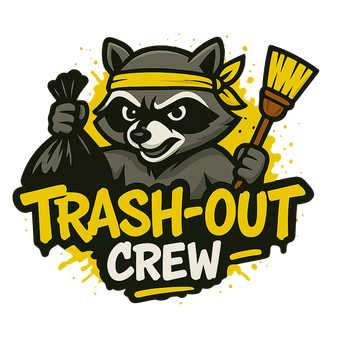 Raccoon holding trash bag and broom, wearing headband, with 