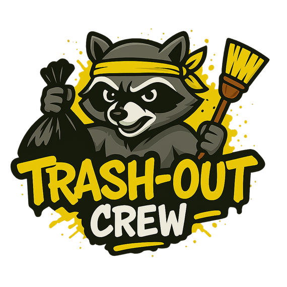 Raccoon with yellow headband and angry expression holding trash bag and broom; 