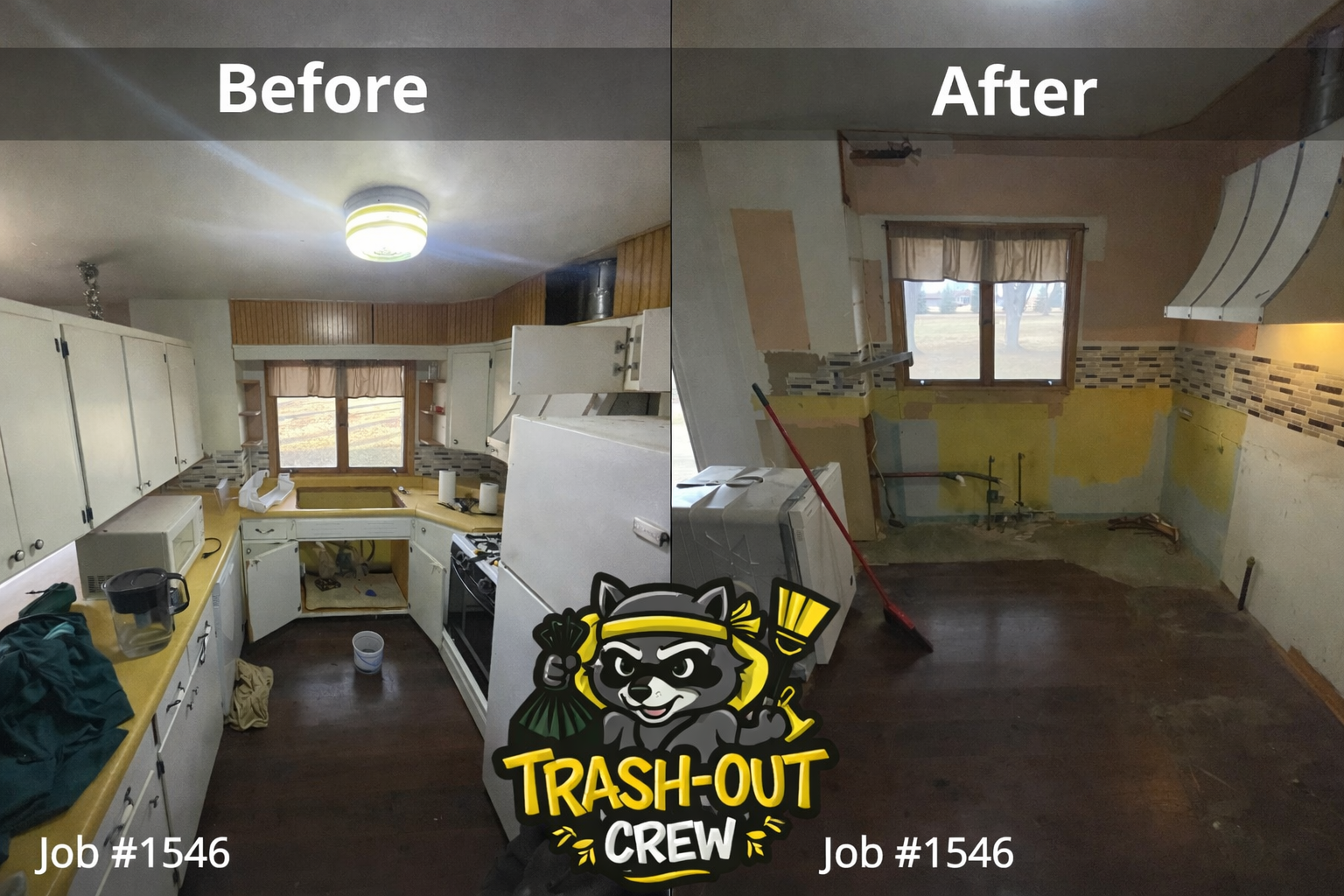 Comparison of a cluttered kitchen (before) and a cleaned-out kitchen (after) undergoing renovation.