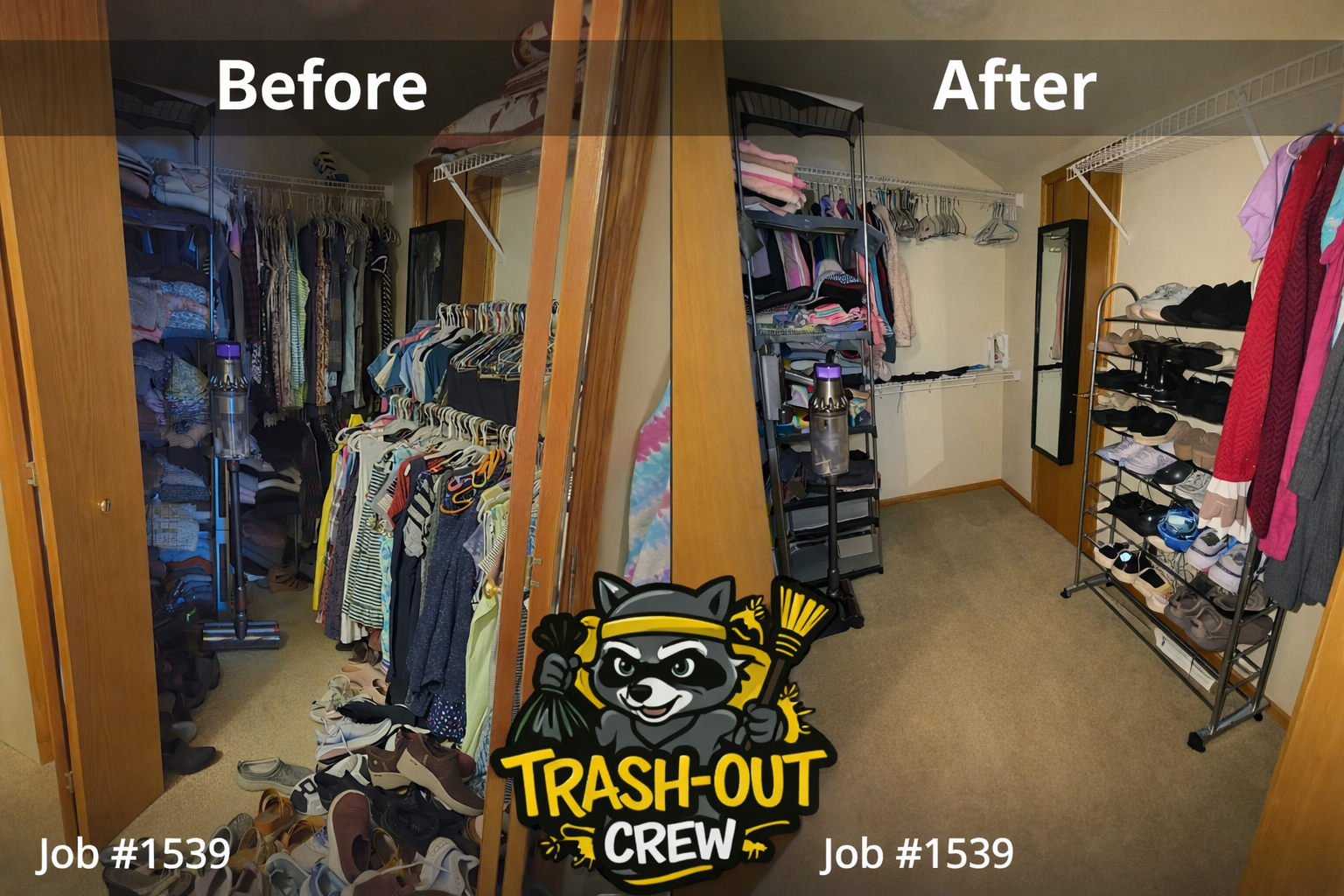 Before-and-after of a closet cleaned by Trash-Out Crew. Before: messy, cluttered clothes. After: organized, neat closet.