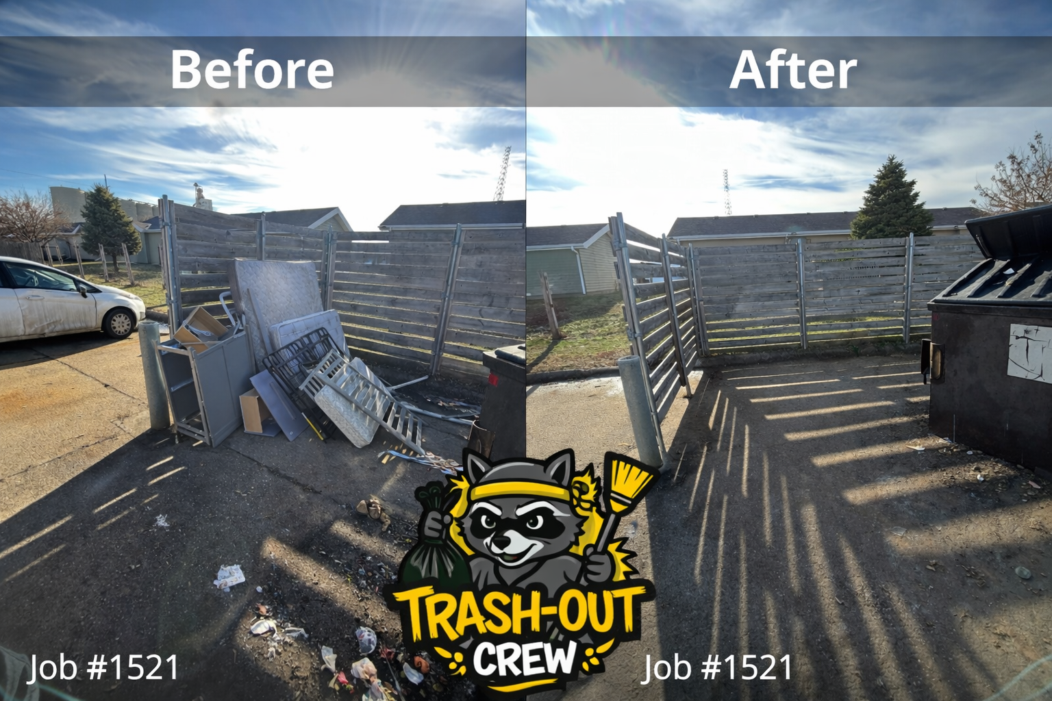 Before and after view of an outdoor area cleaned up by Trash-Out Crew. Messy debris to a clear space.