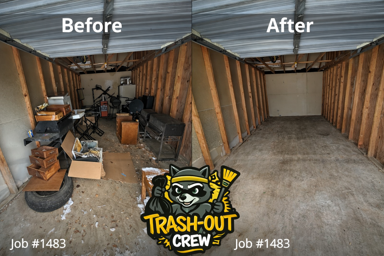Before and after photos of a cluttered garage transformed into an empty space, showcasing a trash removal service.