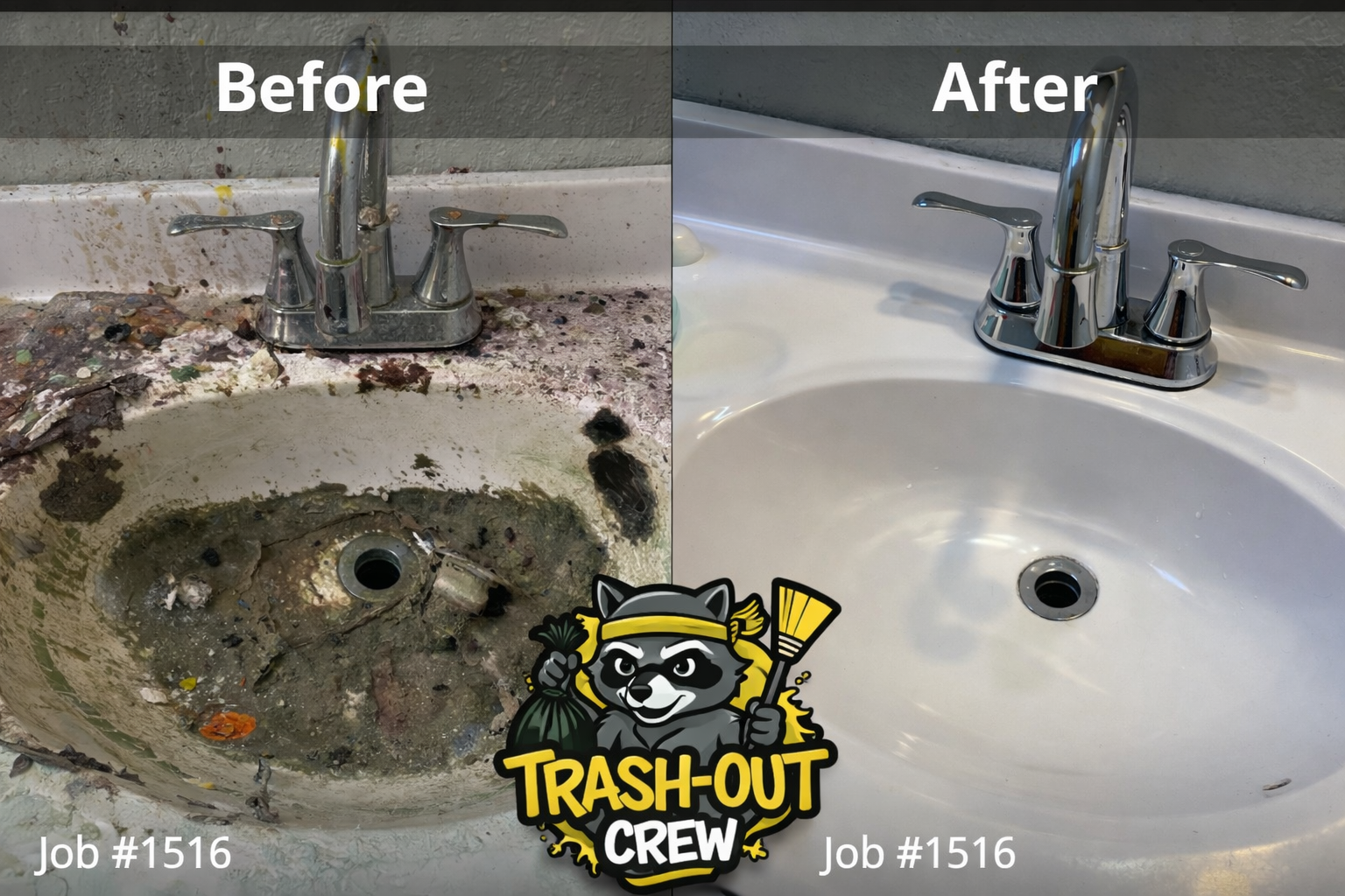 Before and after of a bathroom sink. Left sink is dirty, right is clean. The Trash-Out Crew logo is present.