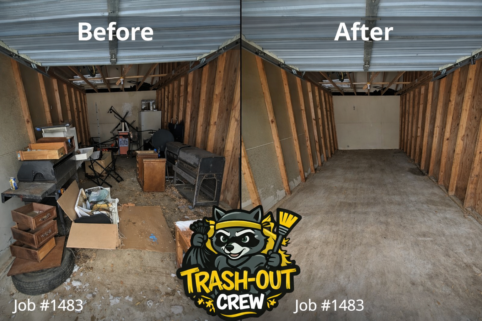 Before and after of a storage room cleaned by Trash-Out Crew, showing organized space after removing clutter.